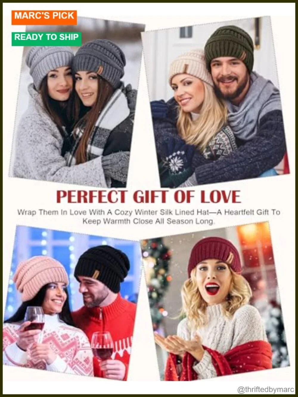 3 Pack Satin Lined Winter Beanie Hats Silk Lined Cable Knit Slouchy Beanie